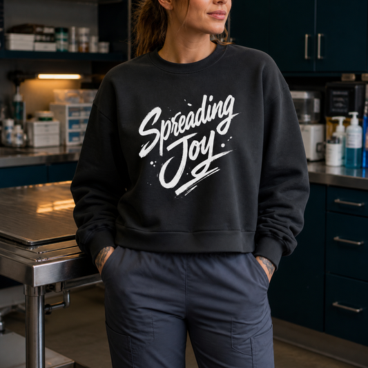 Spreading Joy Like Ringworm cropped crewneck in black worn with scrub pants in a dark veterinary clinic