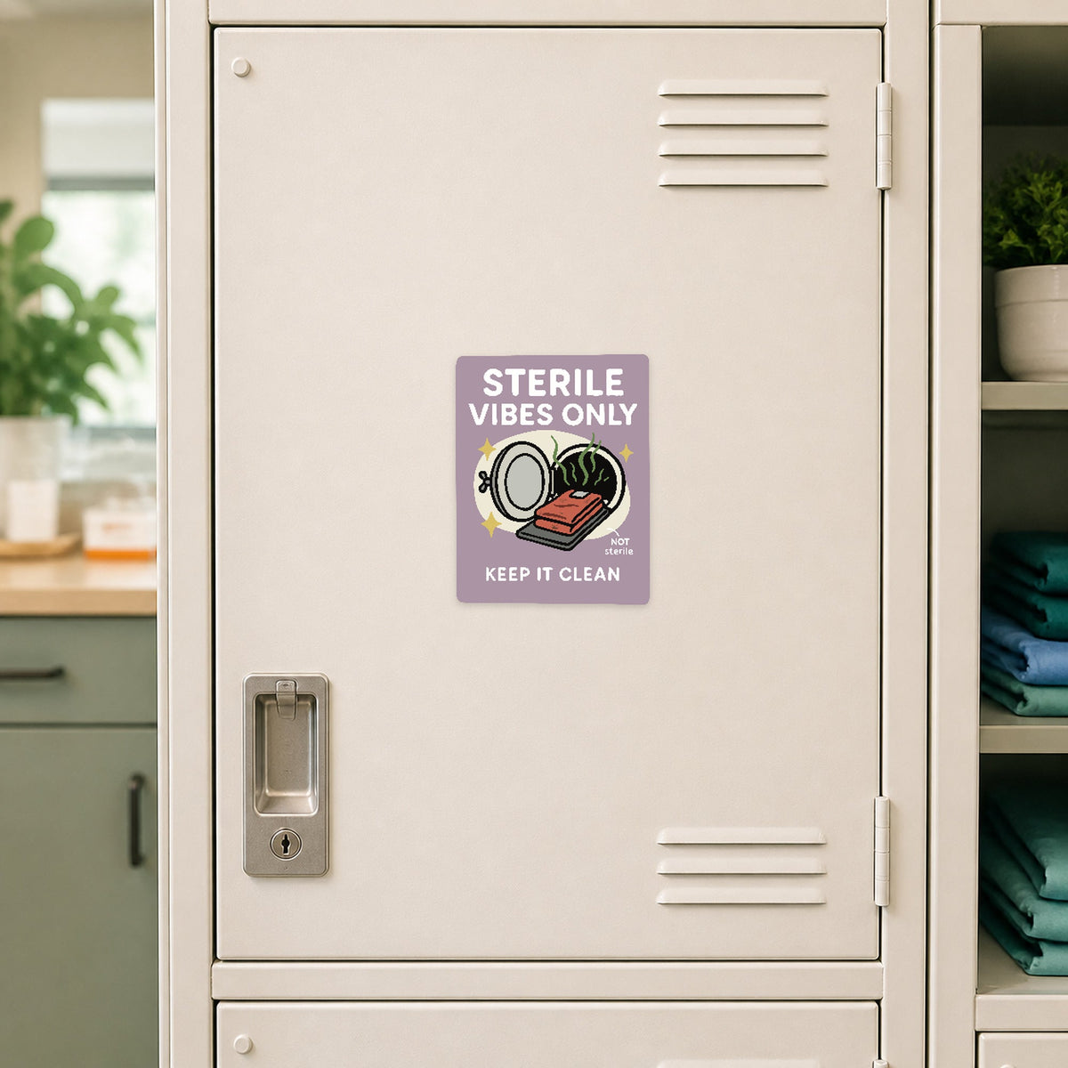 🧼 Sterile Vibes Only – Large Format Vet Surgery Sticker shown on a veterinary clinic locker