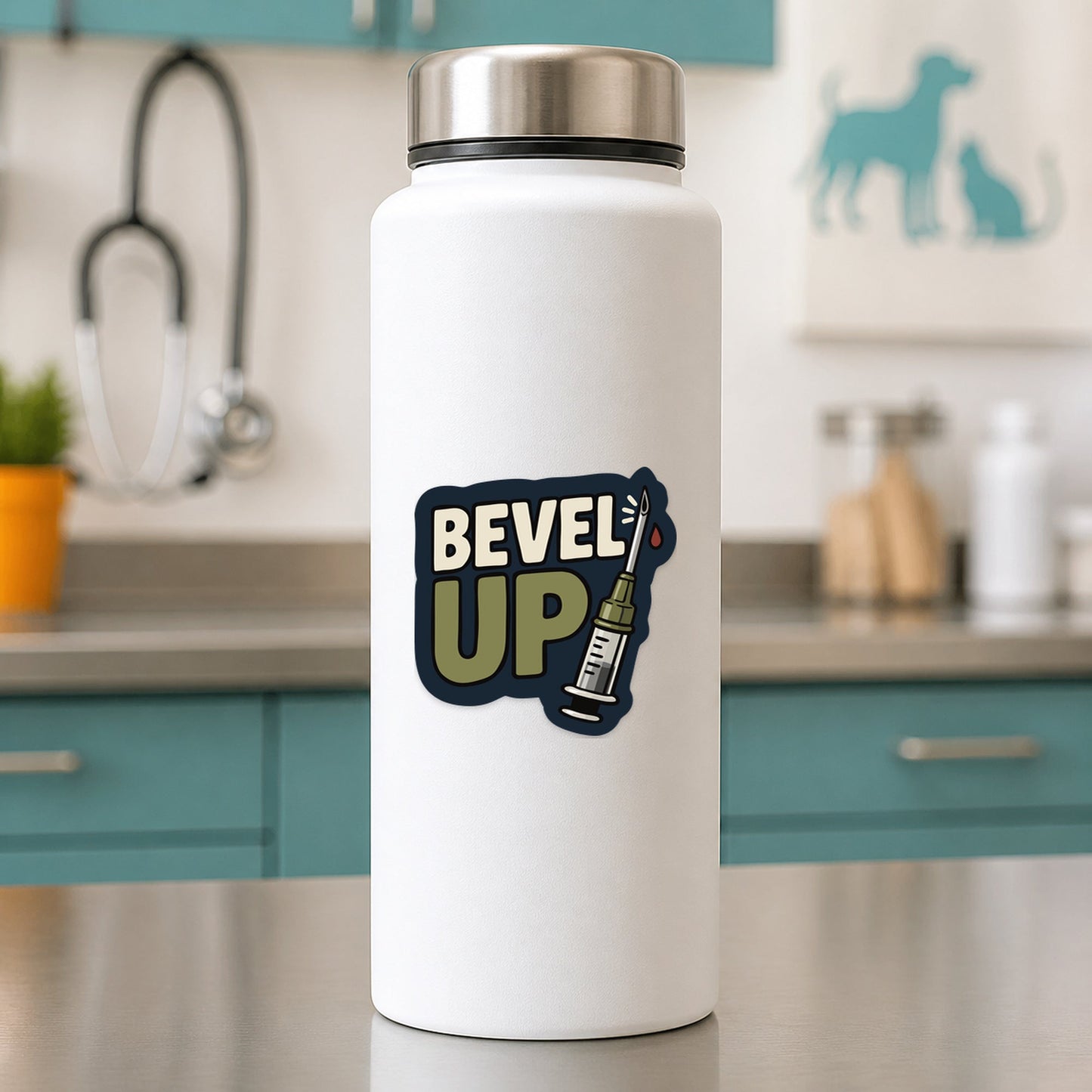💉 Bevel Up – Funny Vet Phlebotomy Sticker shown on a white clinic water bottle