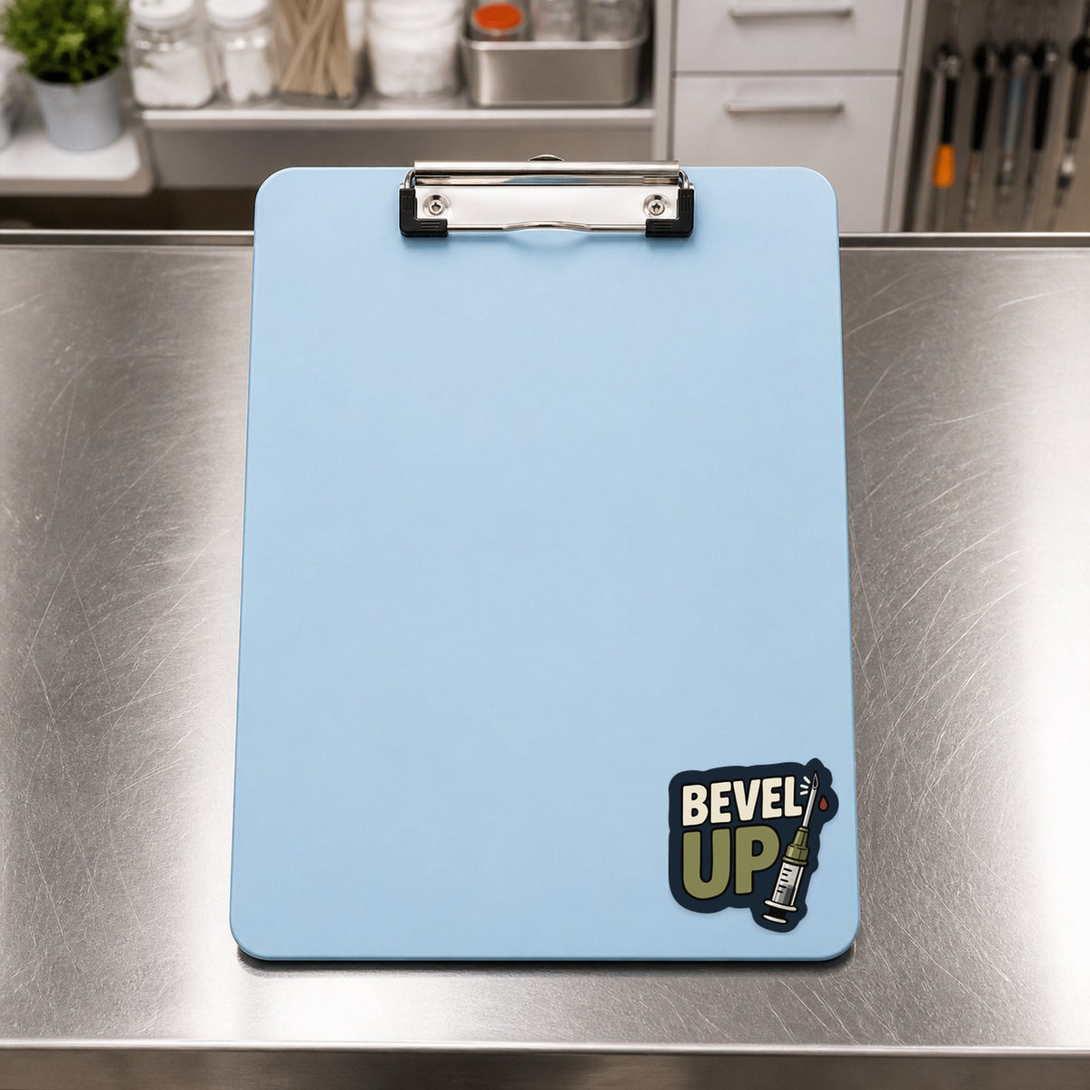 💉 Bevel Up – Funny Vet Phlebotomy Sticker shown on a blue treatment clipboard