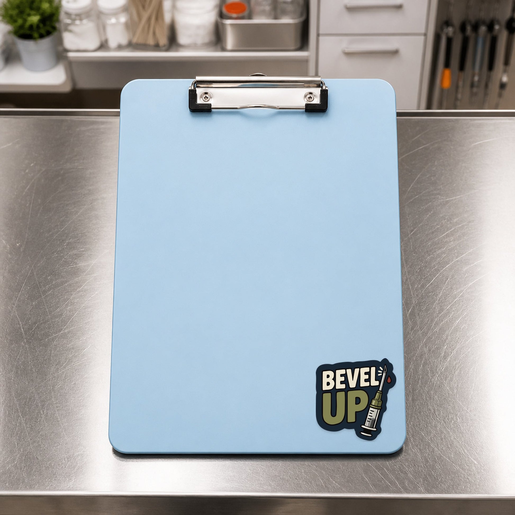 💉 Bevel Up – Funny Vet Phlebotomy Sticker shown on a blue treatment clipboard