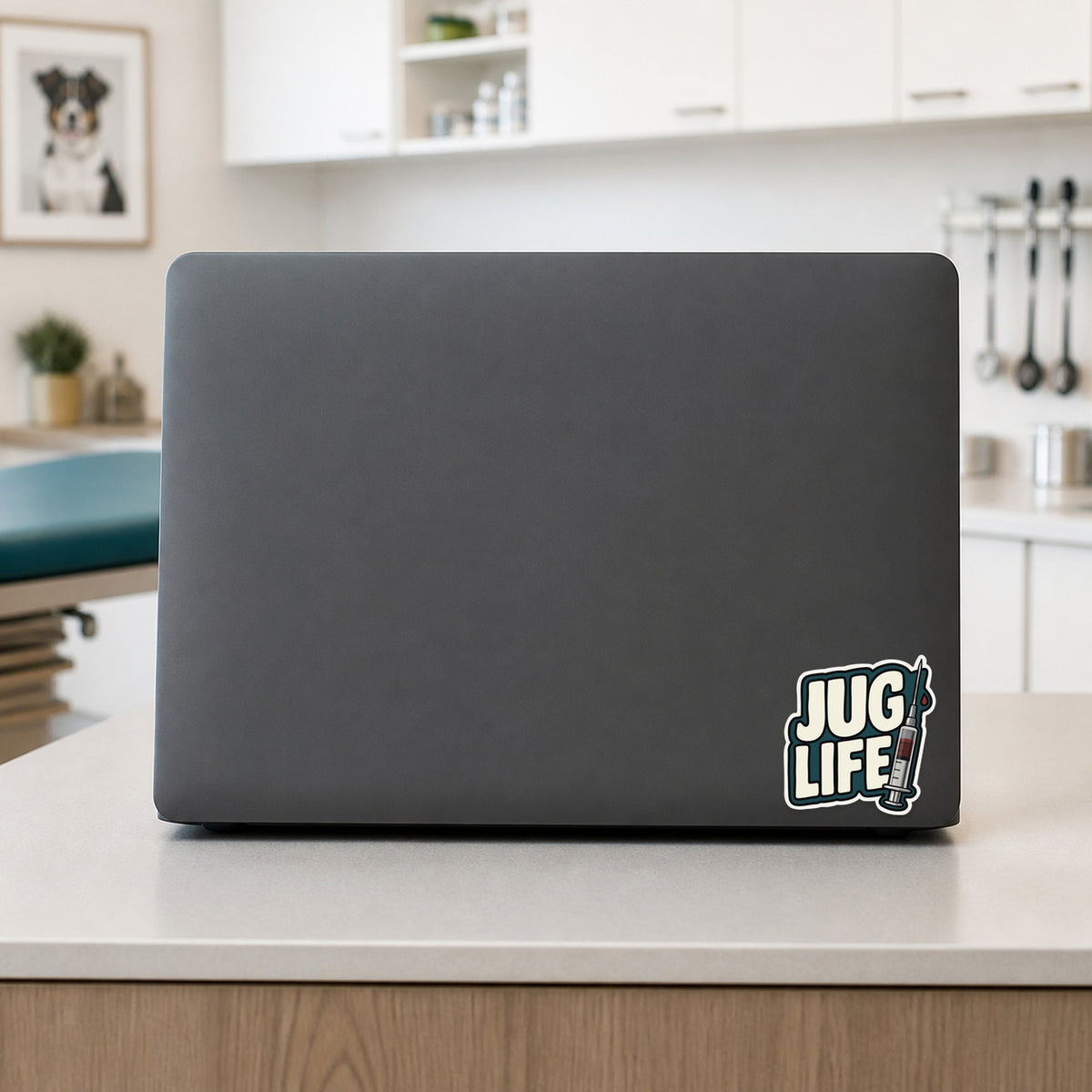 🩸 Jug Life – Funny Vet Phlebotomy Sticker shown on a veterinary clinic laptop