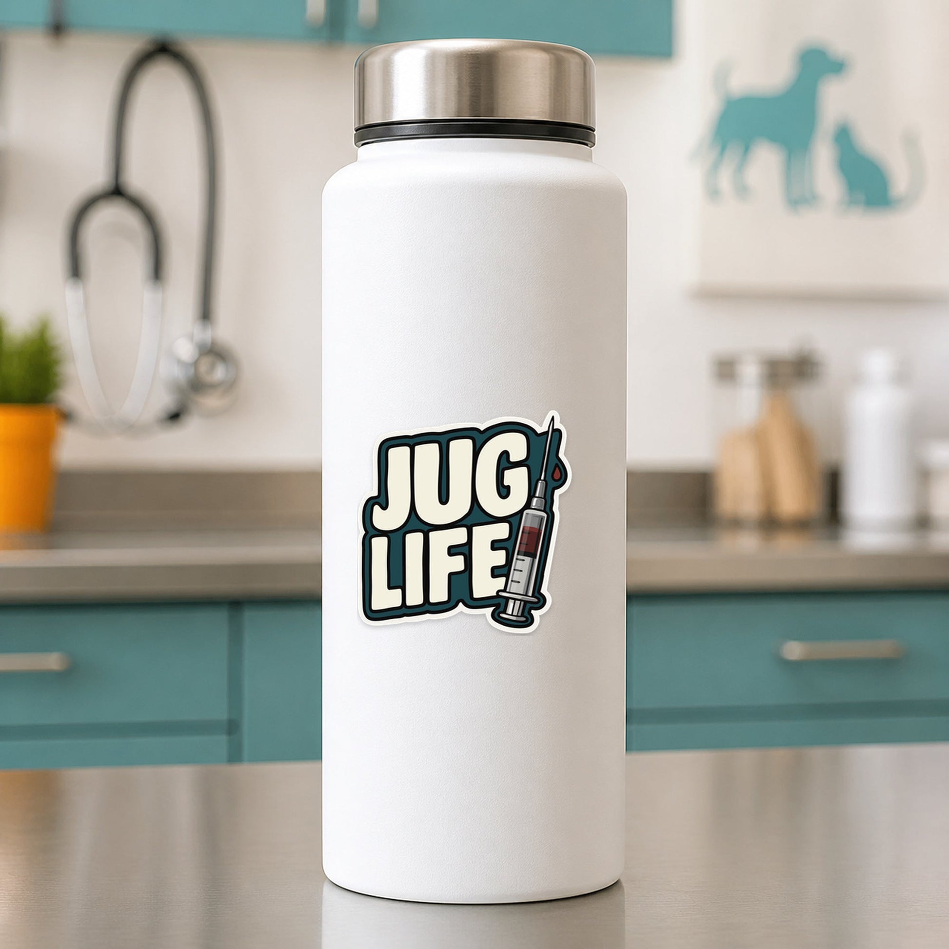 🩸 Jug Life – Funny Vet Phlebotomy Sticker shown on a white clinic water bottle