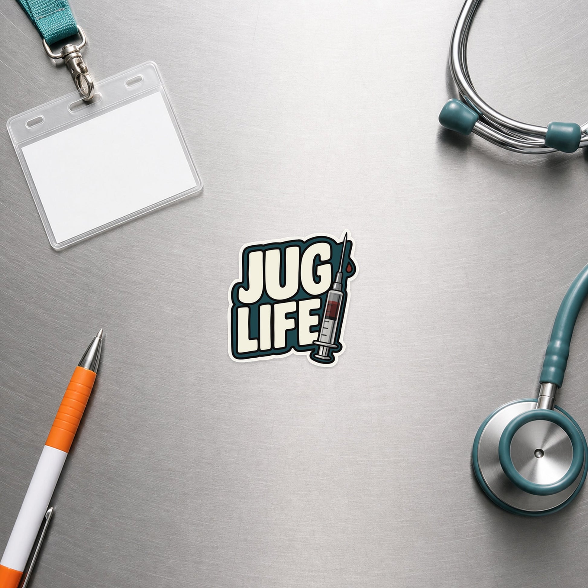🩸 Jug Life – Funny Vet Phlebotomy Sticker shown in a veterinary clinic flat lay