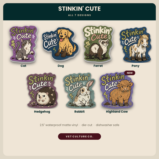Stinkin Cute veterinary sticker set of 7 die-cut stickers featuring cat, dog, ferret, pony, hedgehog, rabbit, and highland cow on waterproof matte vinyl by Vet Culture Co