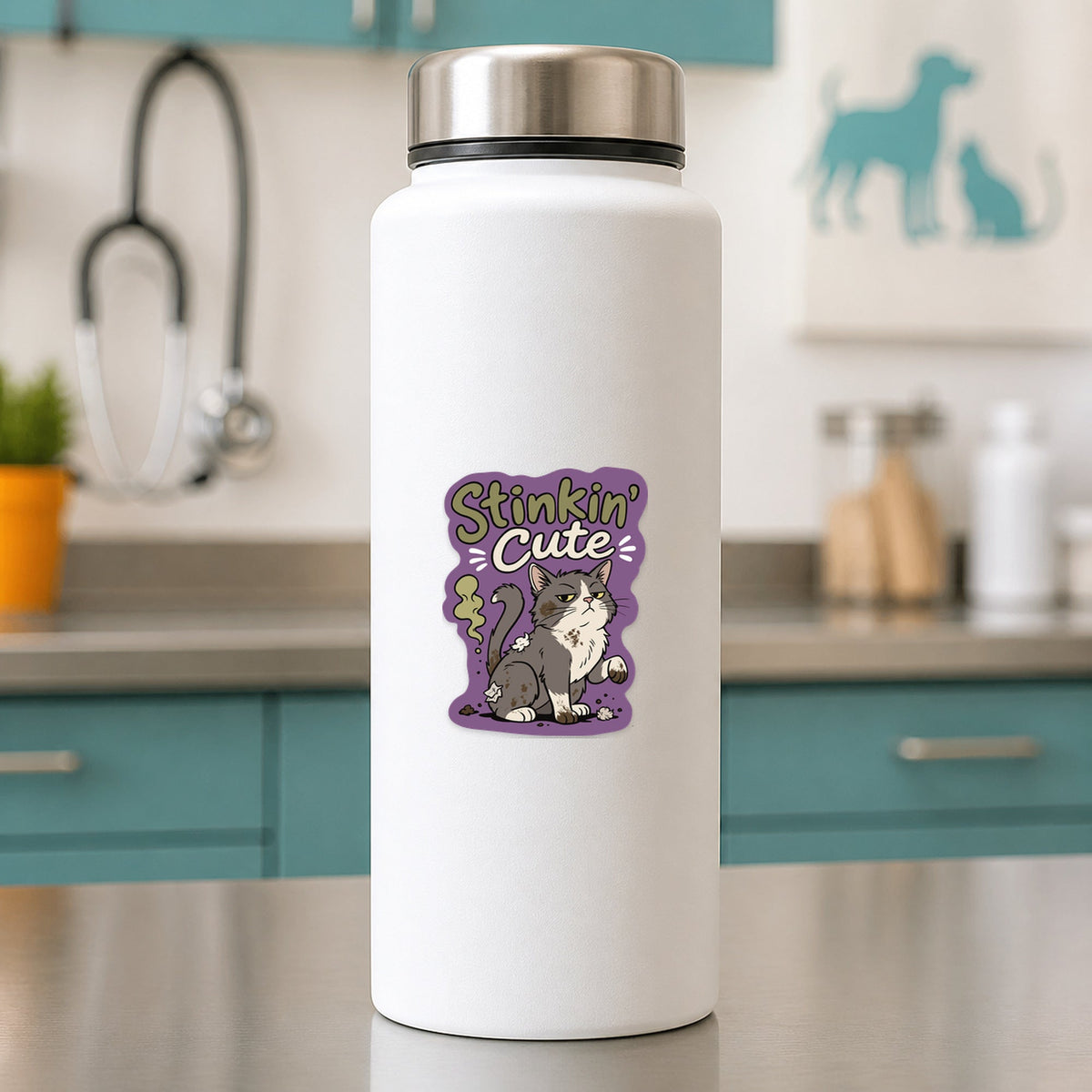 😼 Stinkin’ Cute Cat – Funny Vet Sticker shown on a white clinic water bottle