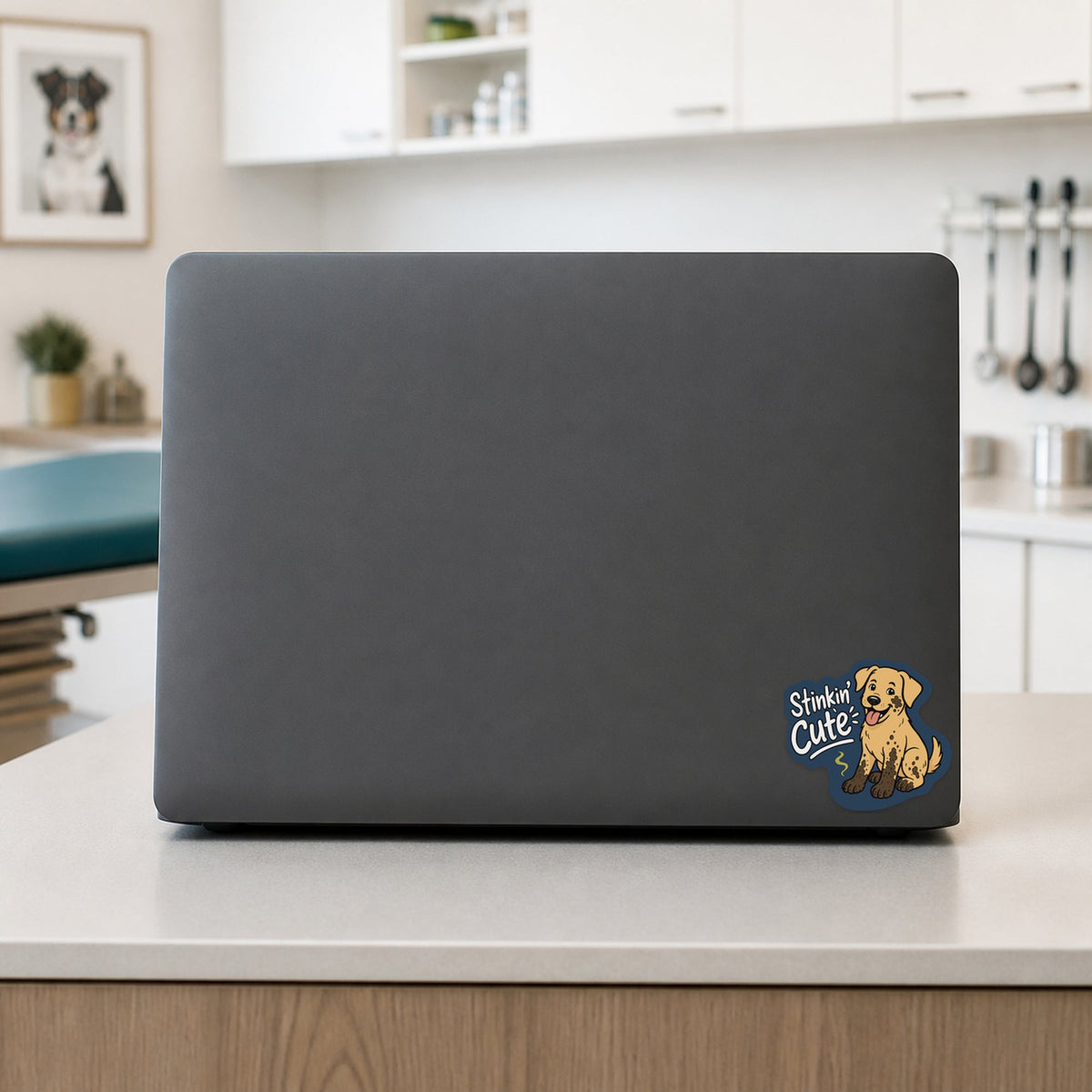 🐶 Stinkin’ Cute Dog – Funny Vet Sticker shown on a veterinary clinic laptop