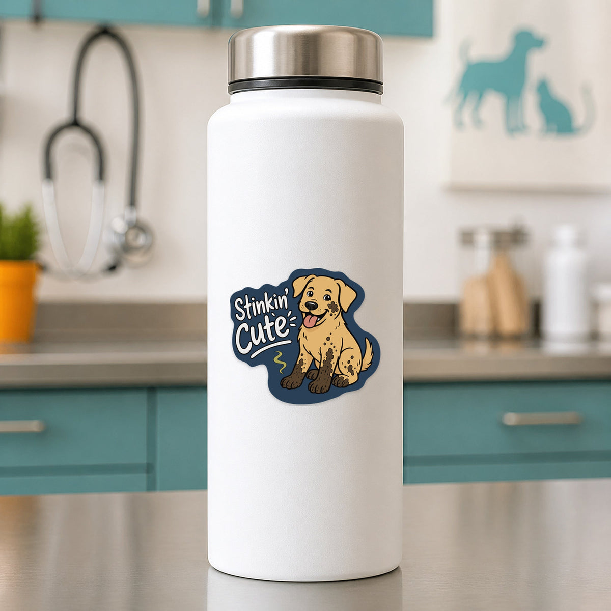 🐶 Stinkin’ Cute Dog – Funny Vet Sticker shown on a white clinic water bottle