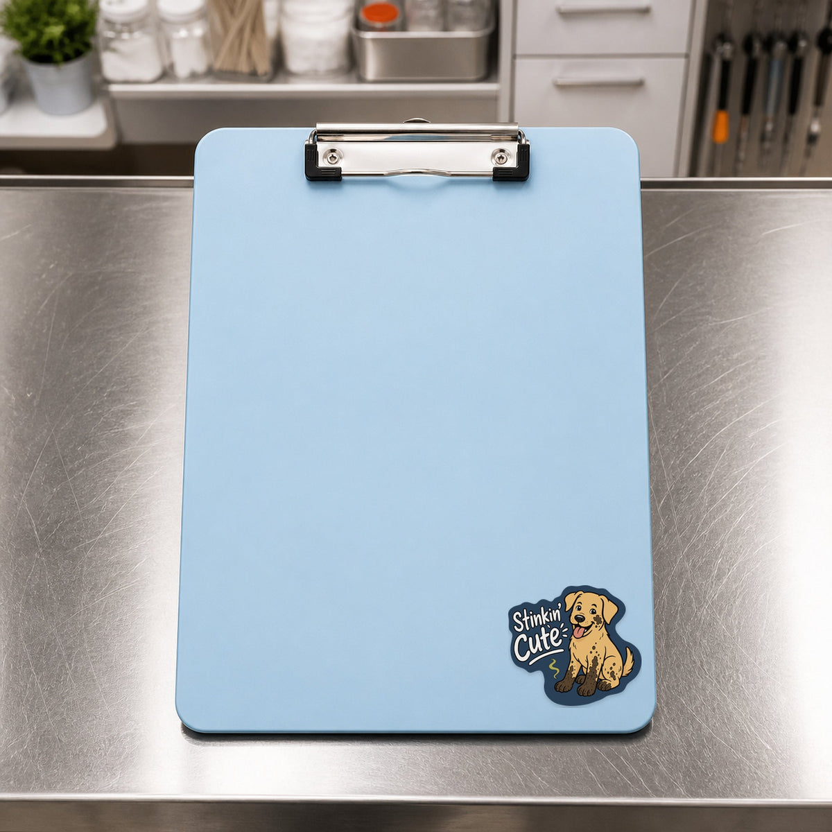 🐶 Stinkin’ Cute Dog – Funny Vet Sticker shown on a blue treatment clipboard