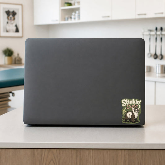 🦨 Stinkin’ Cute Ferret – Funny Vet Sticker shown on a veterinary clinic laptop