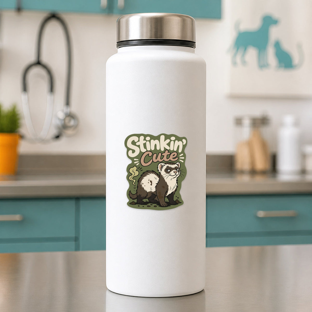 🦨 Stinkin’ Cute Ferret – Funny Vet Sticker shown on a white clinic water bottle