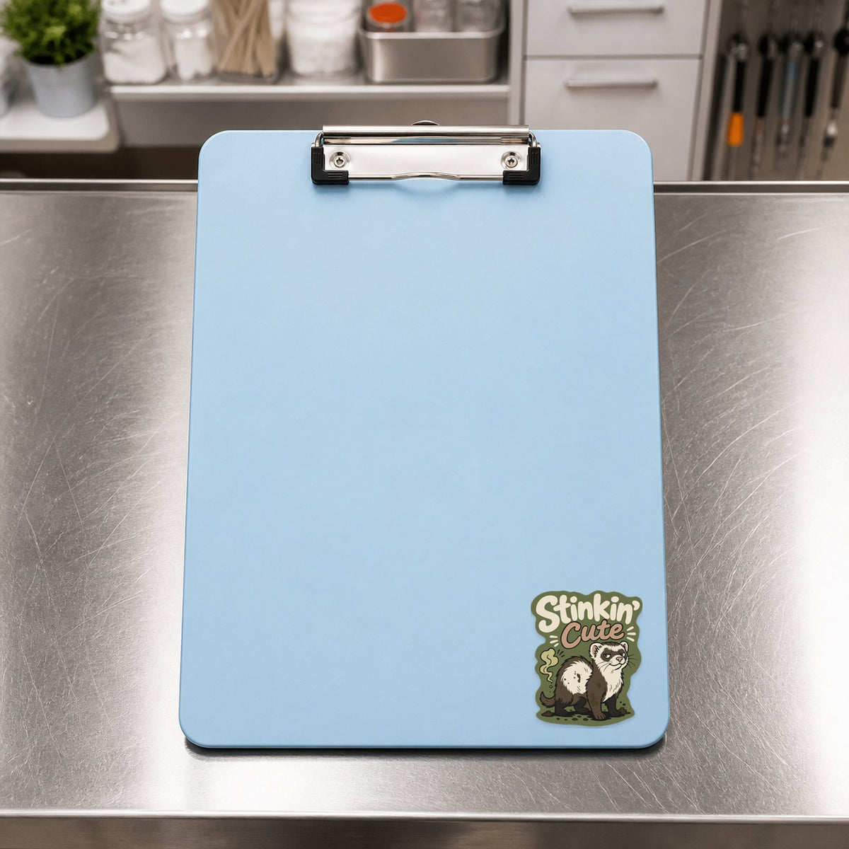 🦨 Stinkin’ Cute Ferret – Funny Vet Sticker shown on a blue treatment clipboard