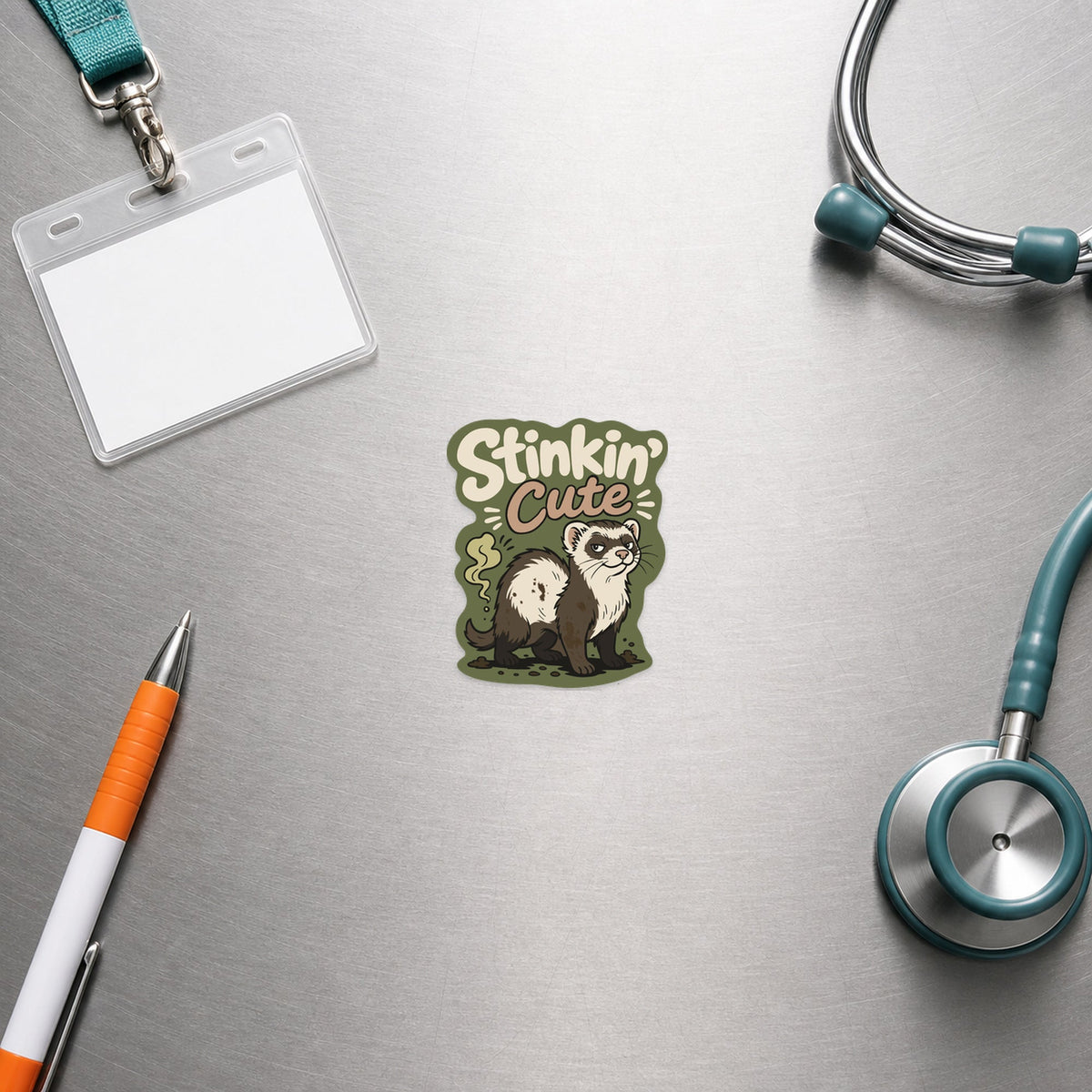 🦨 Stinkin’ Cute Ferret – Funny Vet Sticker shown in a veterinary clinic flat lay