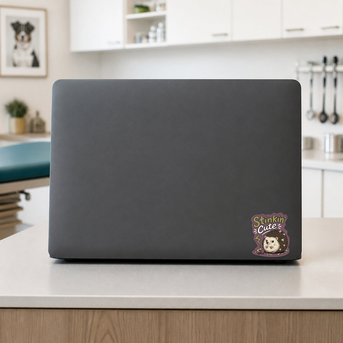 🦔 Stinkin’ Cute Hedgehog – Funny Vet Sticker shown on a veterinary clinic laptop