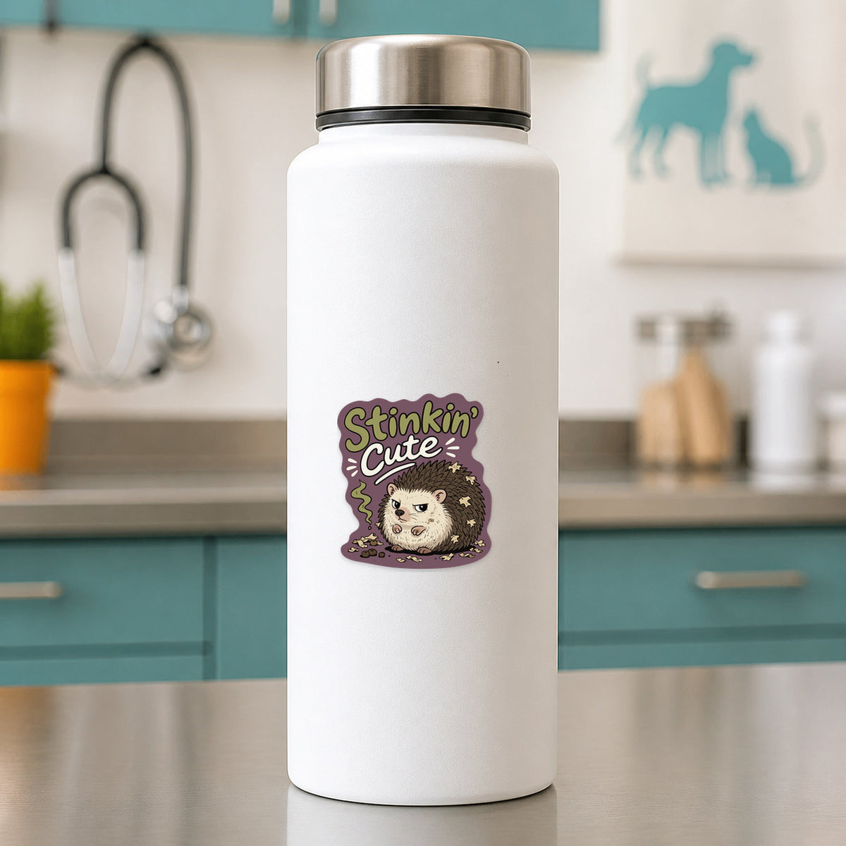 🦔 Stinkin’ Cute Hedgehog – Funny Vet Sticker shown on a white clinic water bottle