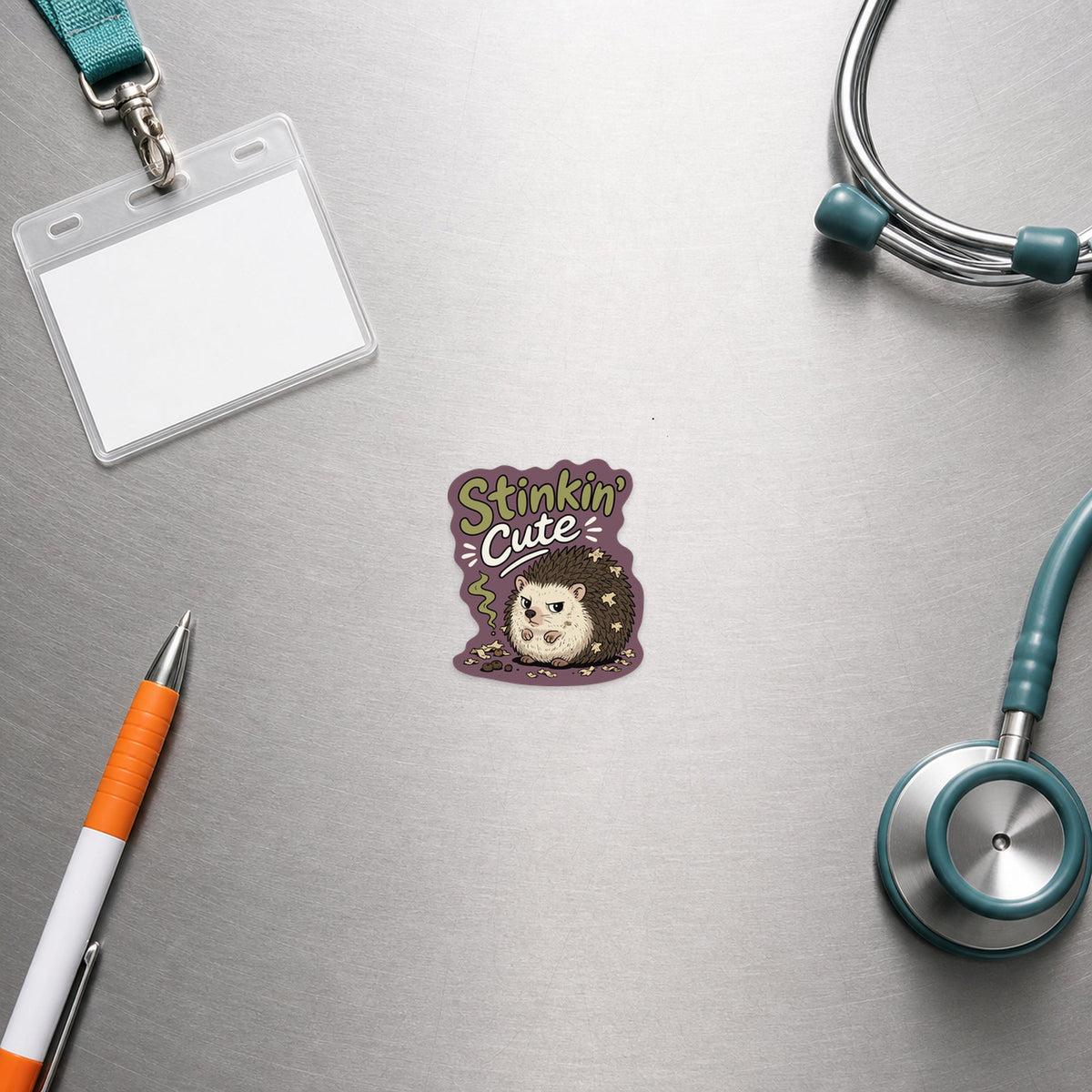 🦔 Stinkin’ Cute Hedgehog – Funny Vet Sticker shown in a veterinary clinic flat lay