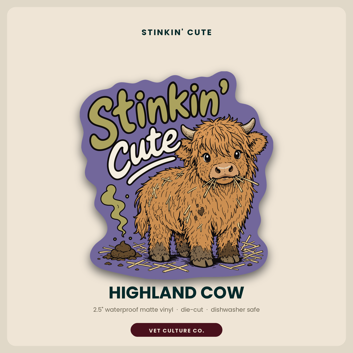 Stinkin Cute highland cow sticker, a shaggy orange calf chewing hay on a purple background with hand-lettered Stinkin Cute text