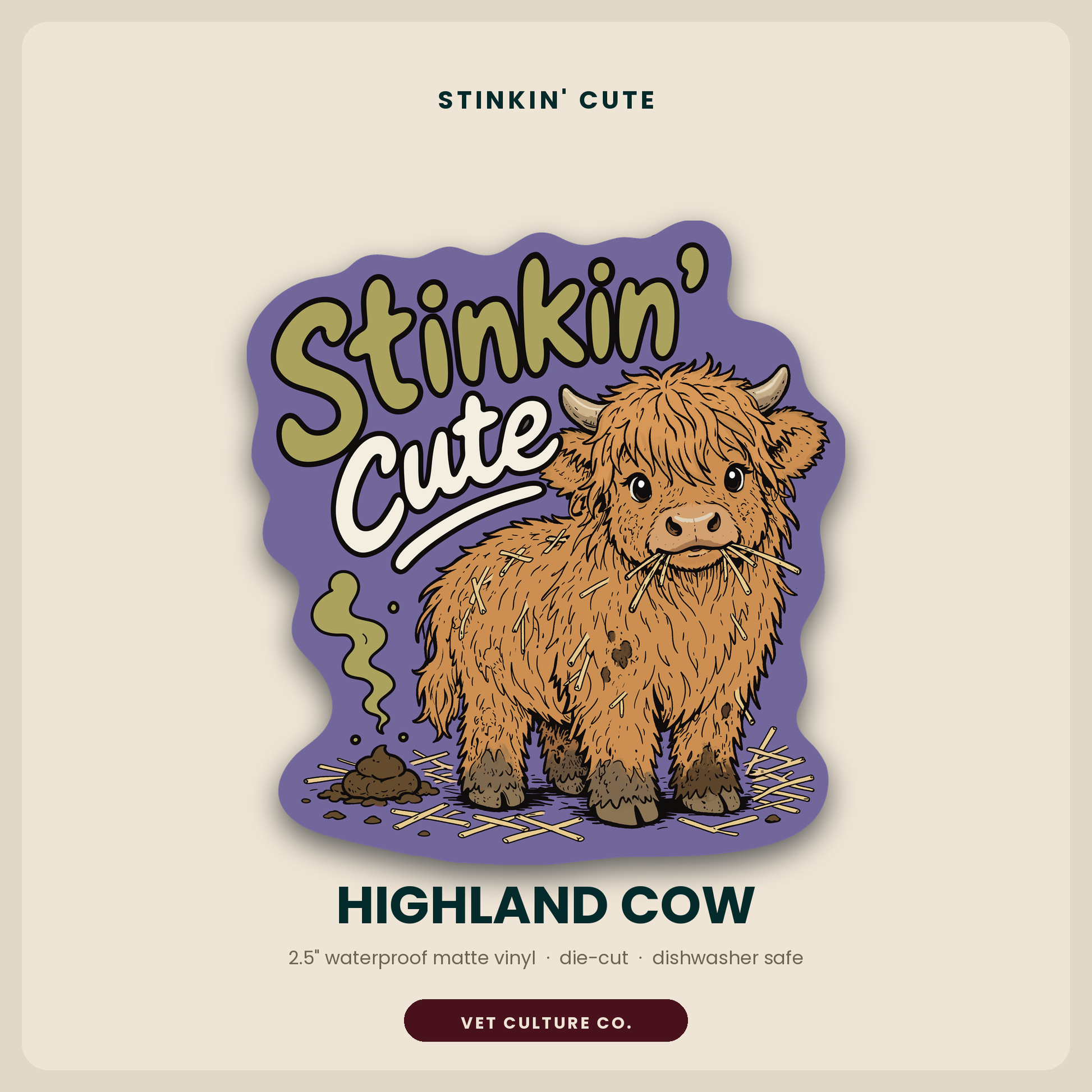 Stinkin Cute highland cow sticker, a shaggy orange calf chewing hay on a purple background with hand-lettered Stinkin Cute text