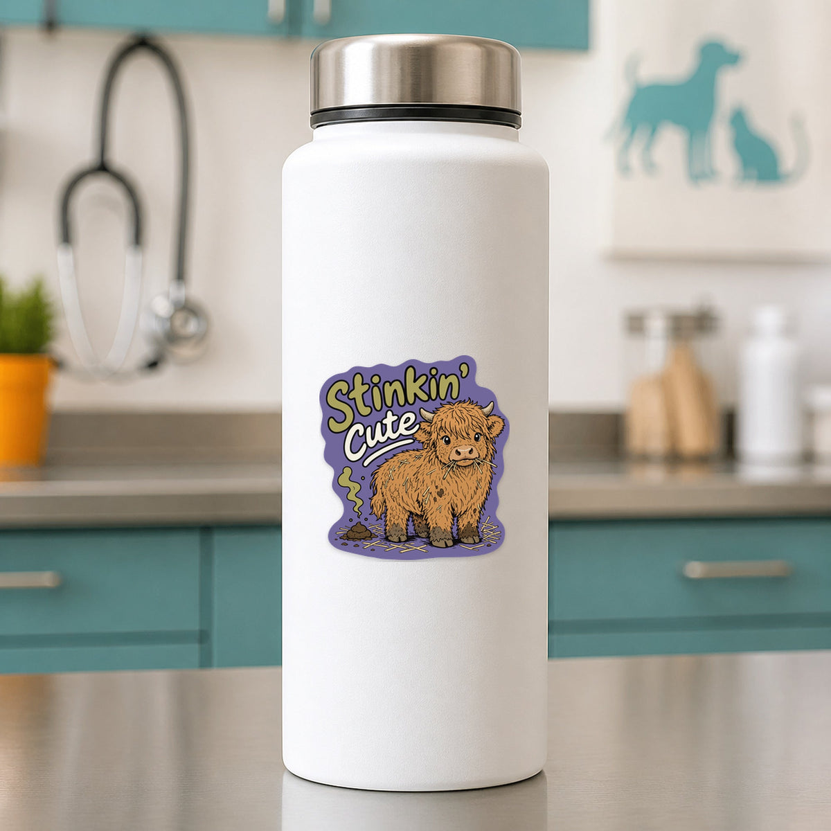 🐮 Stinkin' Cute Highland Cow – Funny Vet Sticker shown on a white clinic water bottle