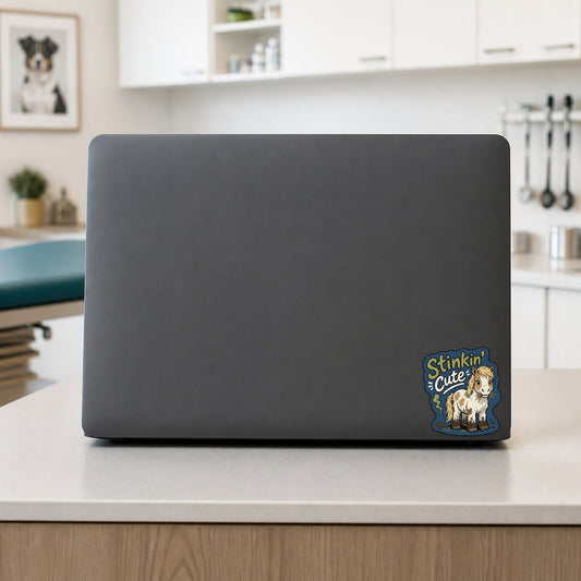 🐴 Stinkin’ Cute Pony – Funny Vet Sticker shown on a veterinary clinic laptop