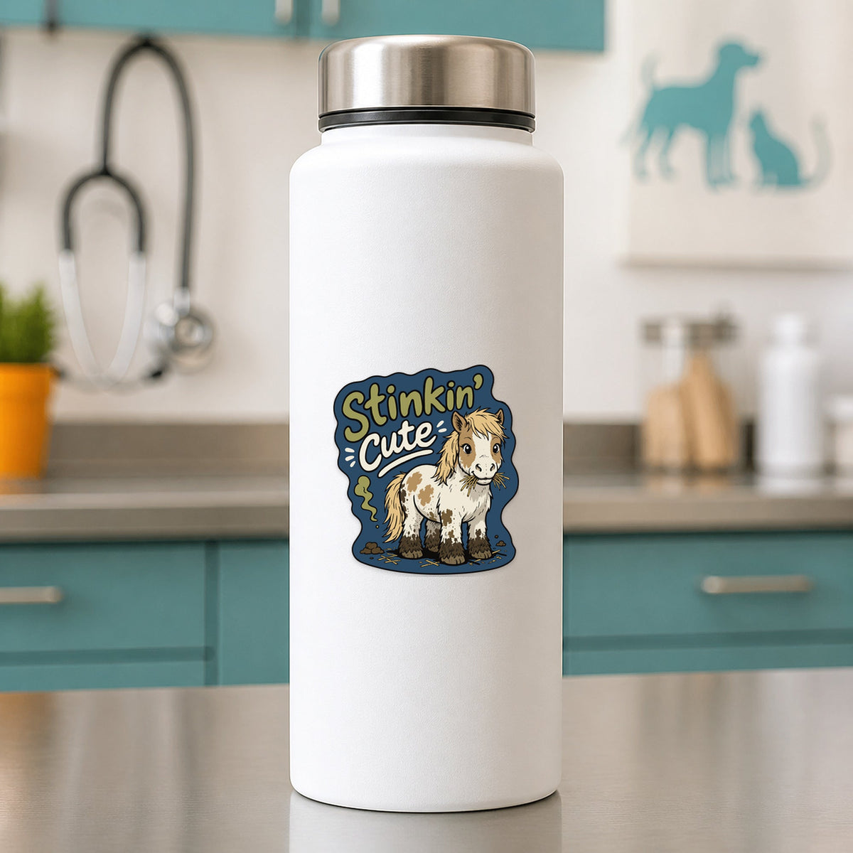 🐴 Stinkin’ Cute Pony – Funny Vet Sticker shown on a white clinic water bottle