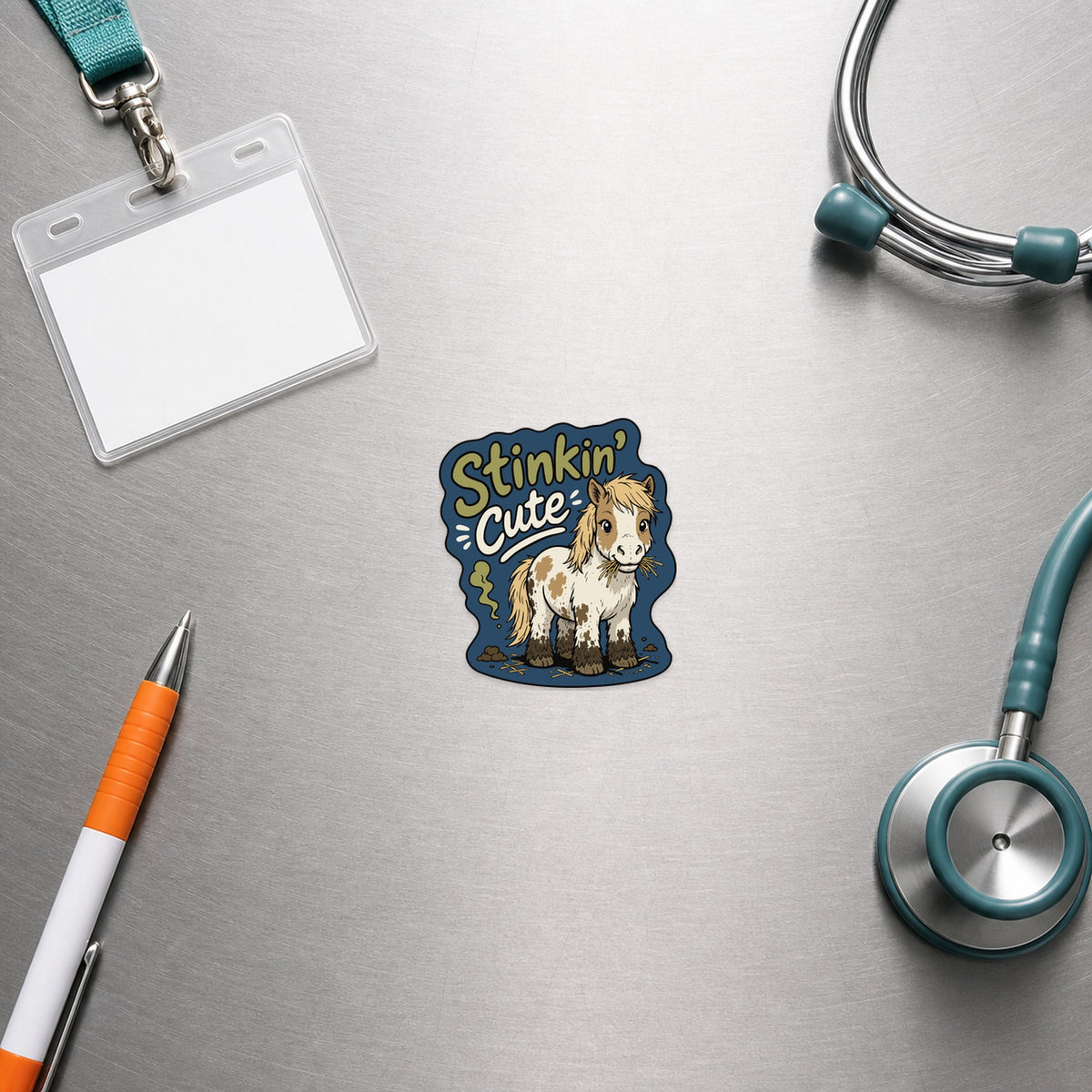 🐴 Stinkin’ Cute Pony – Funny Vet Sticker shown in a veterinary clinic flat lay