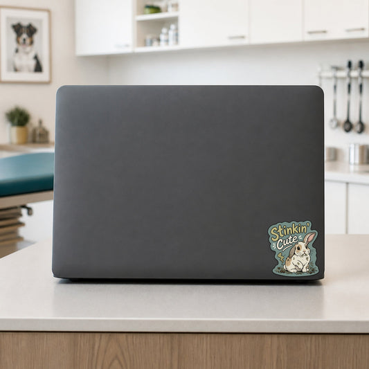 🐰 Stinkin’ Cute Rabbit – Funny Vet Sticker shown on a veterinary clinic laptop