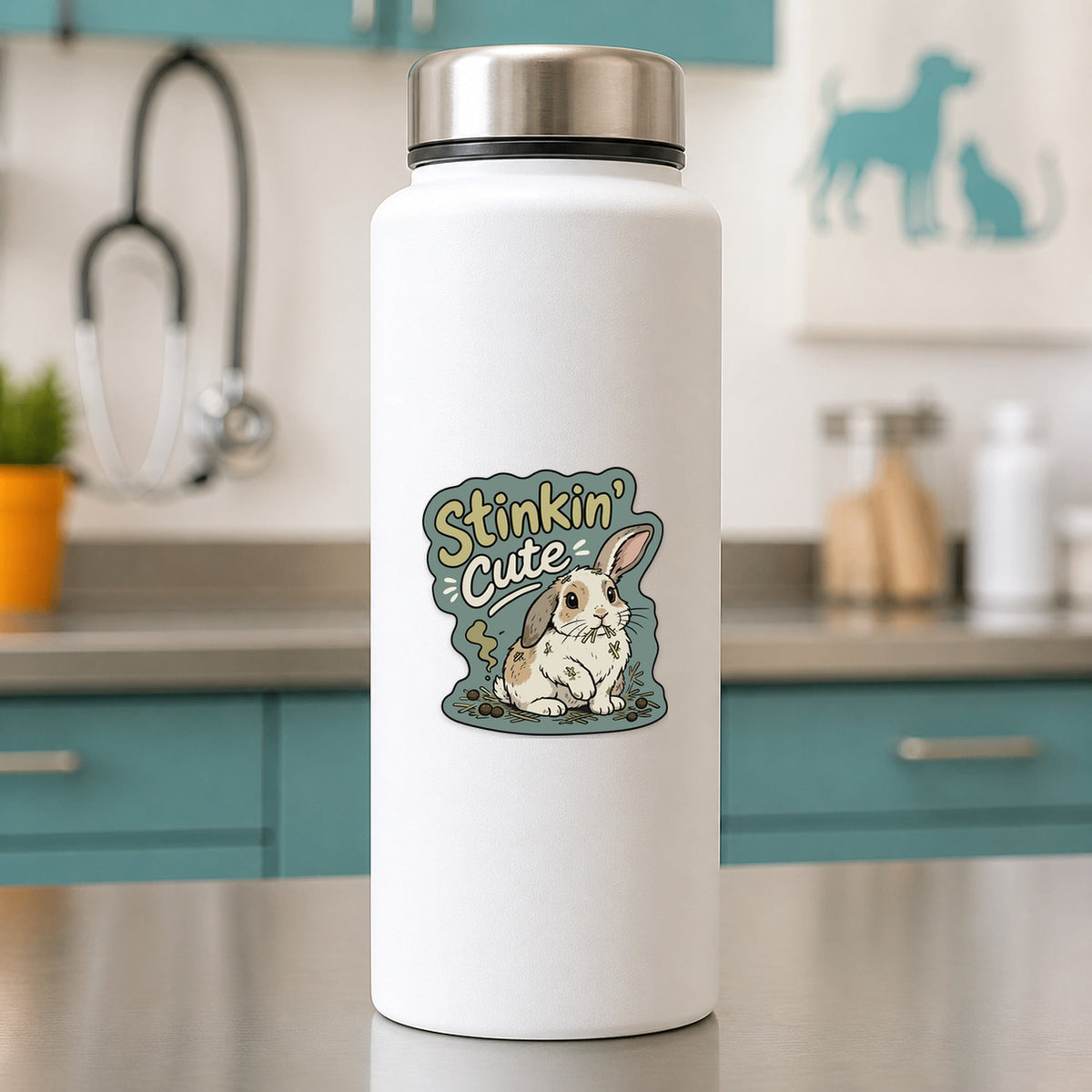 🐰 Stinkin’ Cute Rabbit – Funny Vet Sticker shown on a white clinic water bottle