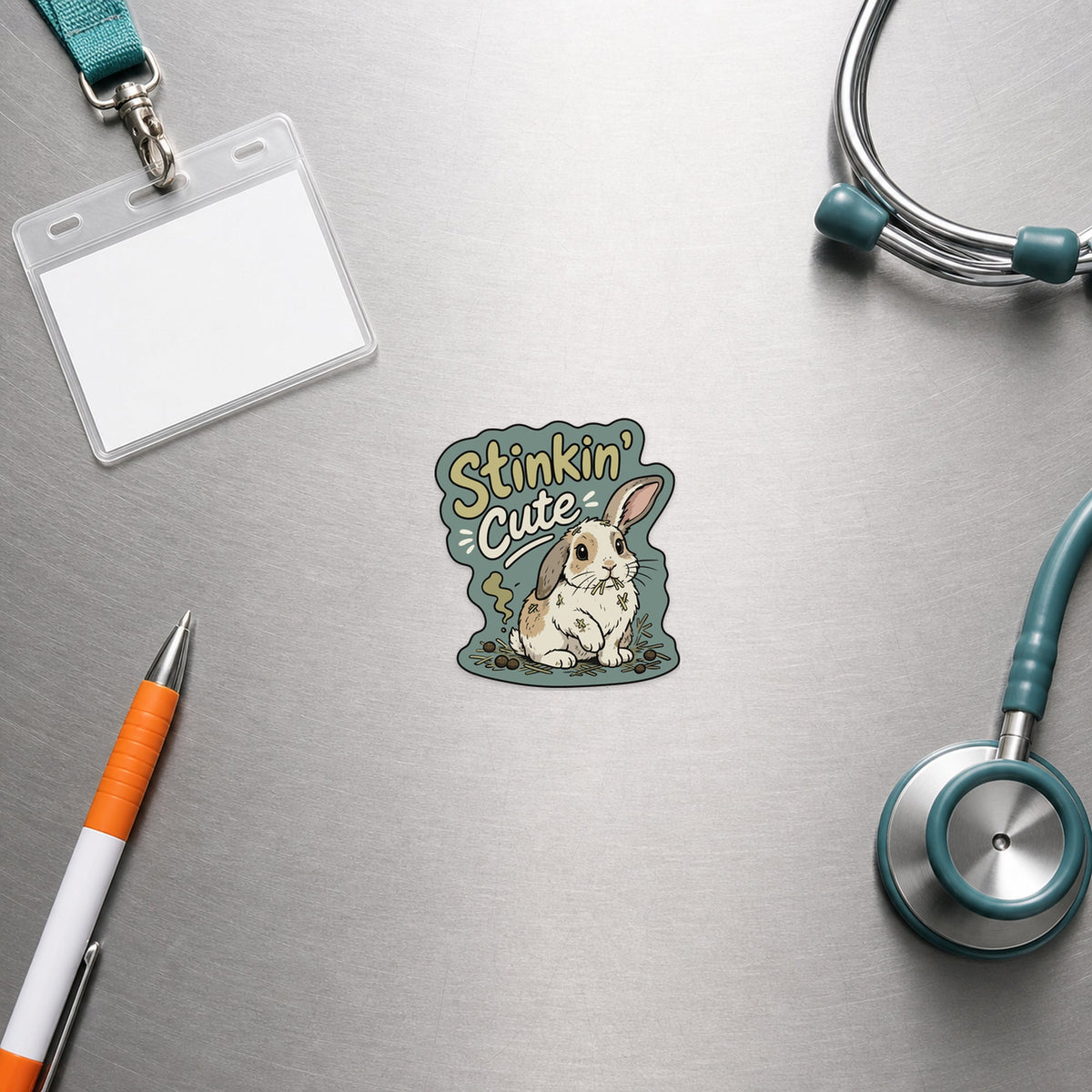 🐰 Stinkin’ Cute Rabbit – Funny Vet Sticker shown in a veterinary clinic flat lay