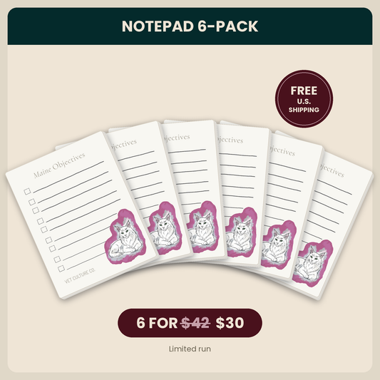 Six Maine Objectives veterinary notepads fanned out, cream checklist pads with a Maine Coon cat illustration