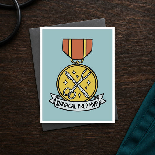 Surgical Prep MVP A2 veterinary notecard front on a dark clinic desk