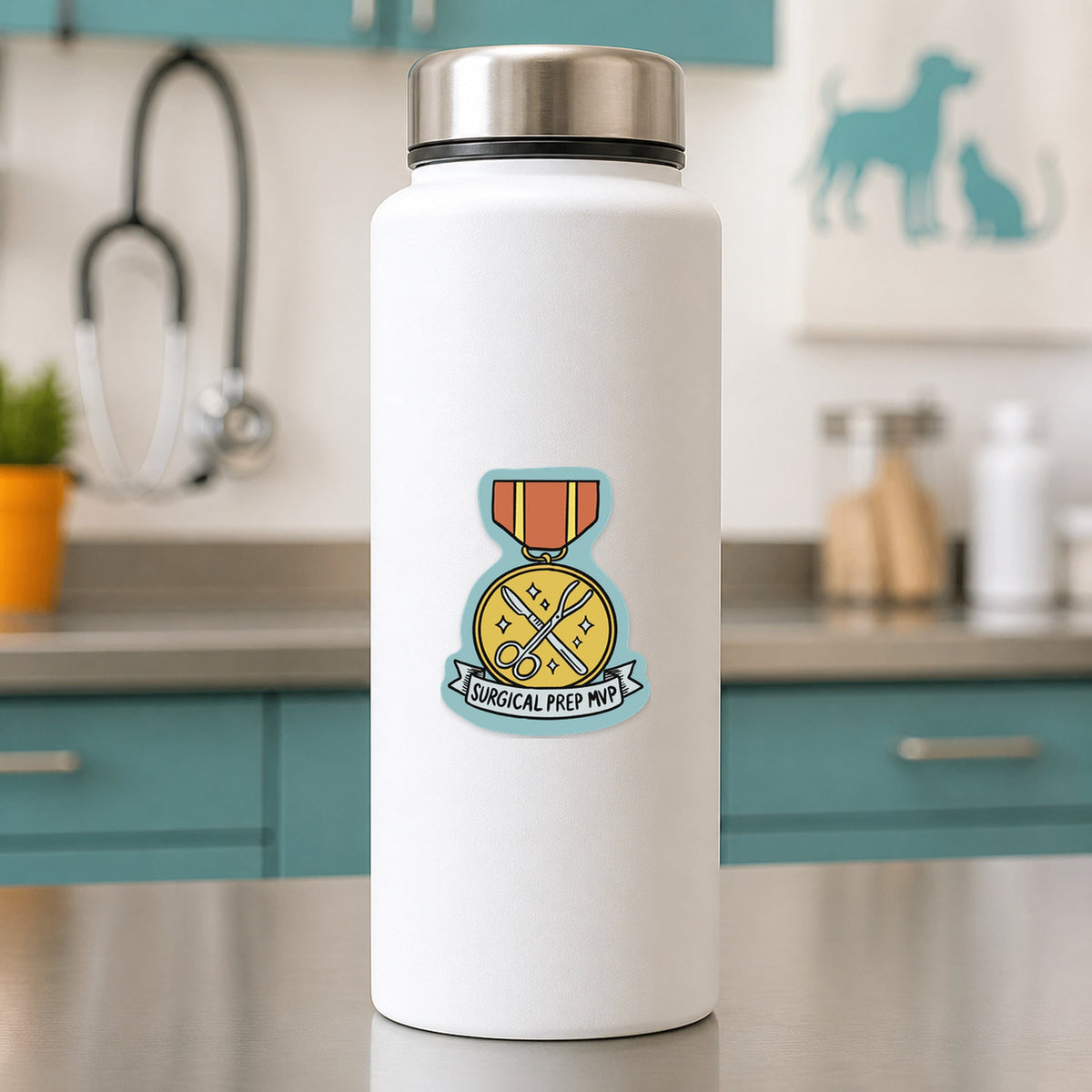 🏆 Surgical Prep MVP – Funny Vet Award Sticker shown on a white clinic water bottle