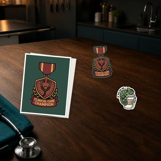 Award Match Mini veterinary recognition bundle with a Clinical Care Champion card and two stickers, shown in a dark clinic scene for veterinary professionals