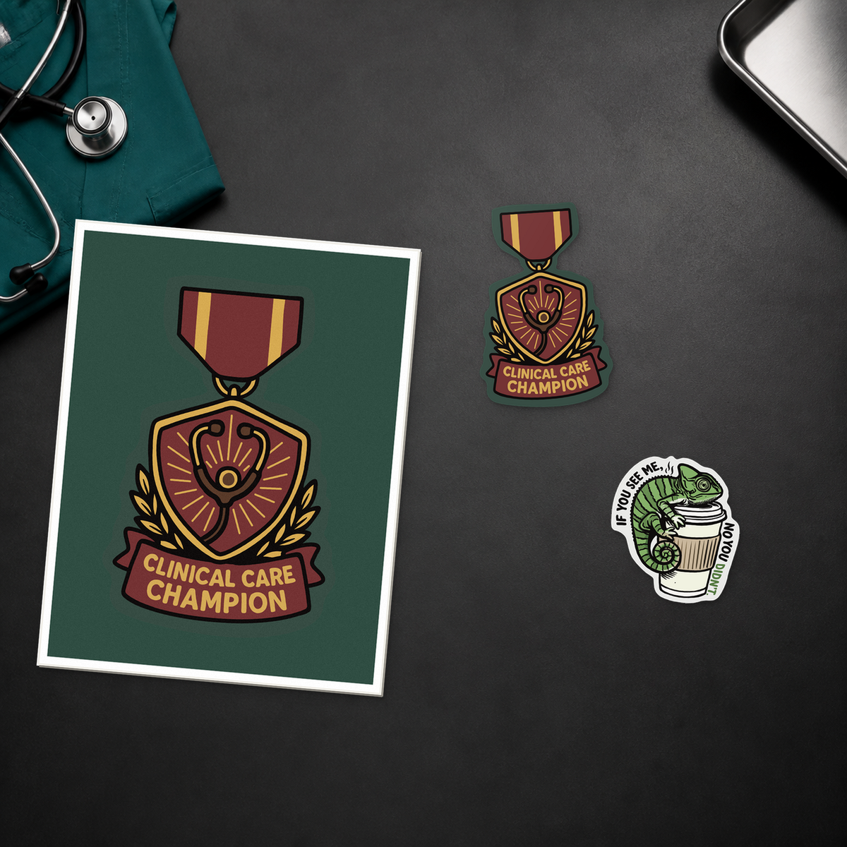 Award Match Mini veterinary recognition bundle with a Clinical Care Champion card and two stickers, shown in a close material-detail scene for veterinary professionals