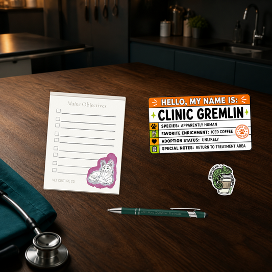 Clinic Gremlin Survival Kit with a notepad, engraved pen, large name-tag sticker, and chameleon sticker, shown in a dark clinic scene for veterinary professionals