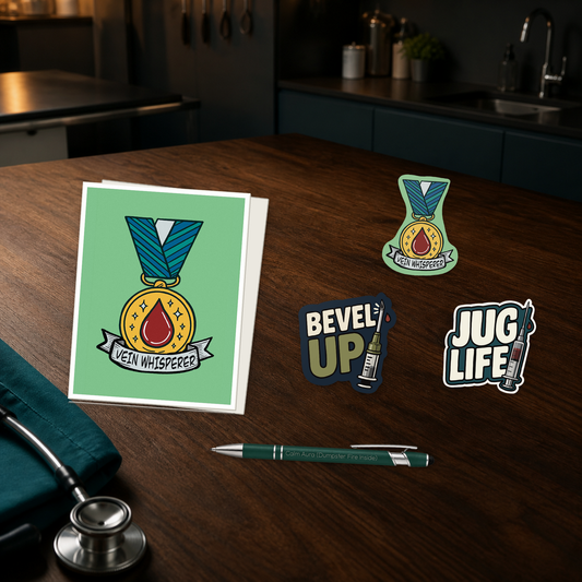 Hard Stick Hero Pack with a Vein Whisperer card, engraved pen, and three IV-themed stickers, shown in a dark clinic scene for veterinary professionals