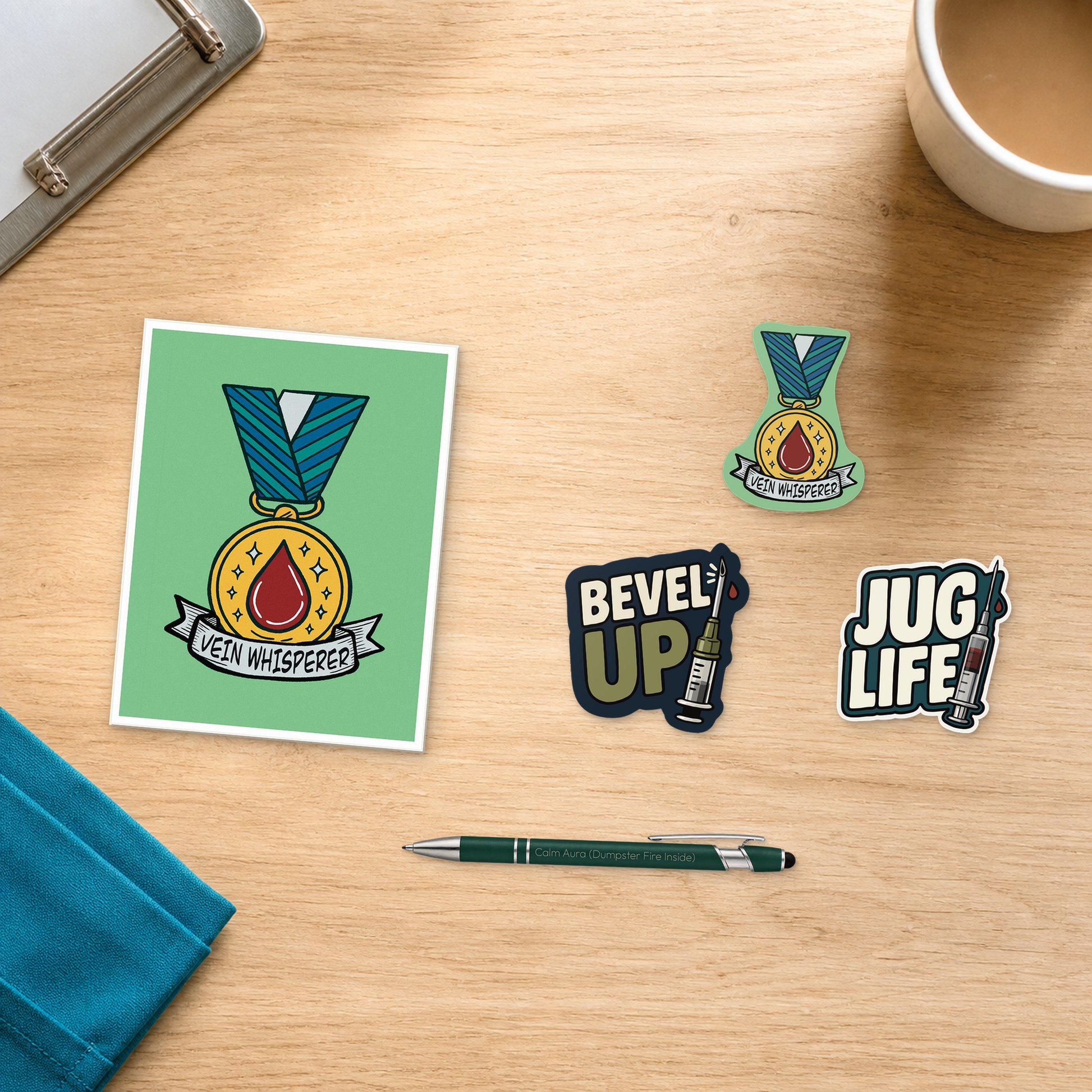Hard Stick Hero Pack with a Vein Whisperer card, engraved pen, and three IV-themed stickers, arranged on a light oak desktop for veterinary professionals