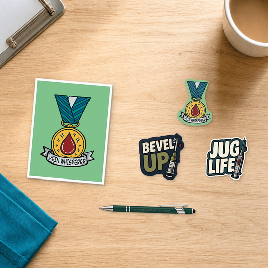 Hard Stick Hero Pack with a Vein Whisperer card, engraved pen, and three IV-themed stickers, arranged on a light oak desktop for veterinary professionals