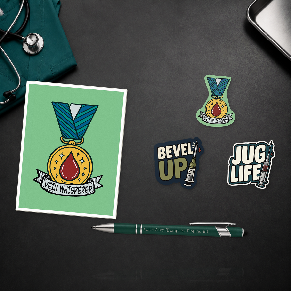 Hard Stick Hero Pack with a Vein Whisperer card, engraved pen, and three IV-themed stickers, shown in a close material-detail scene for veterinary professionals