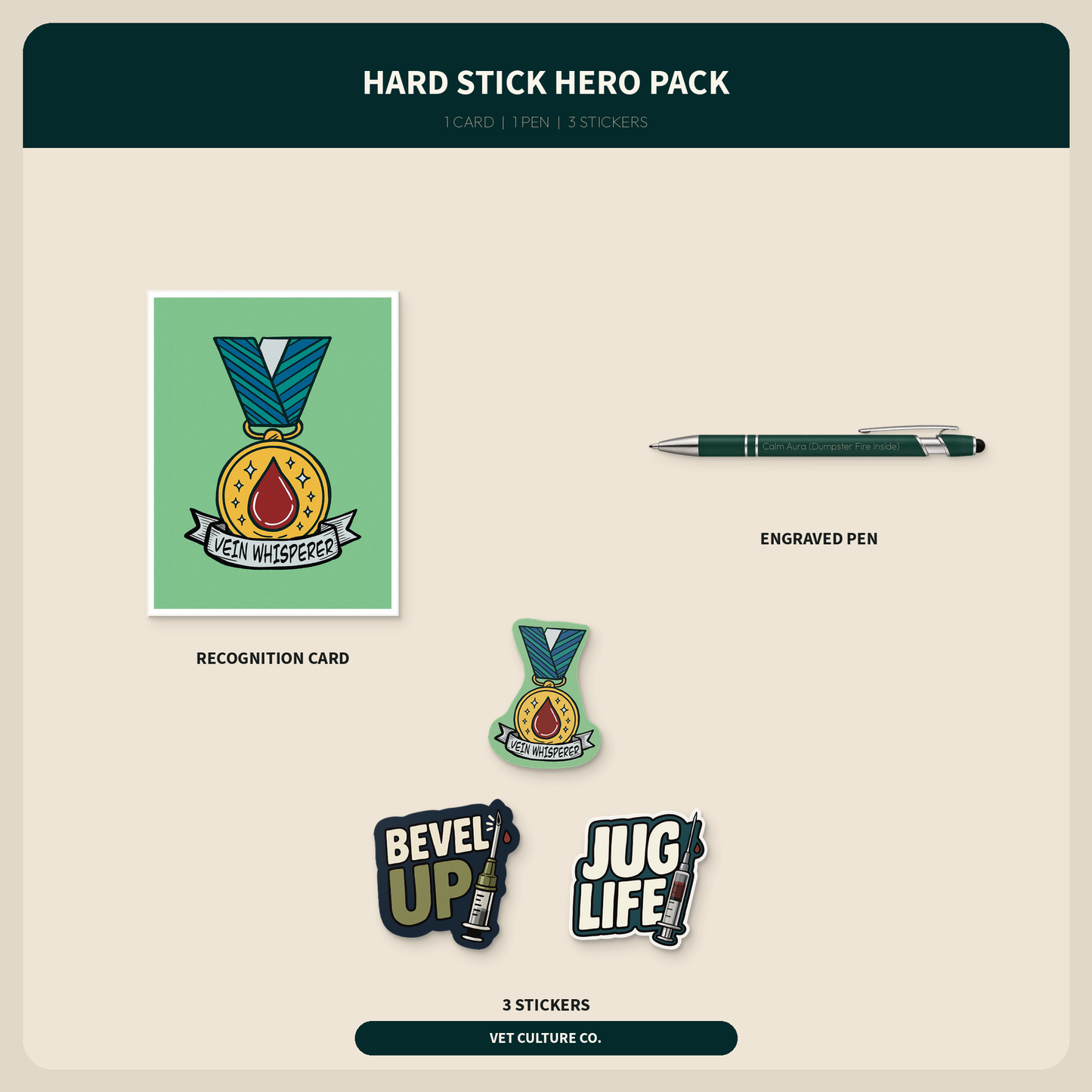 Hard Stick Hero Pack with a Vein Whisperer card, engraved pen, and three IV-themed stickers, shown as a complete contents overview for veterinary teams