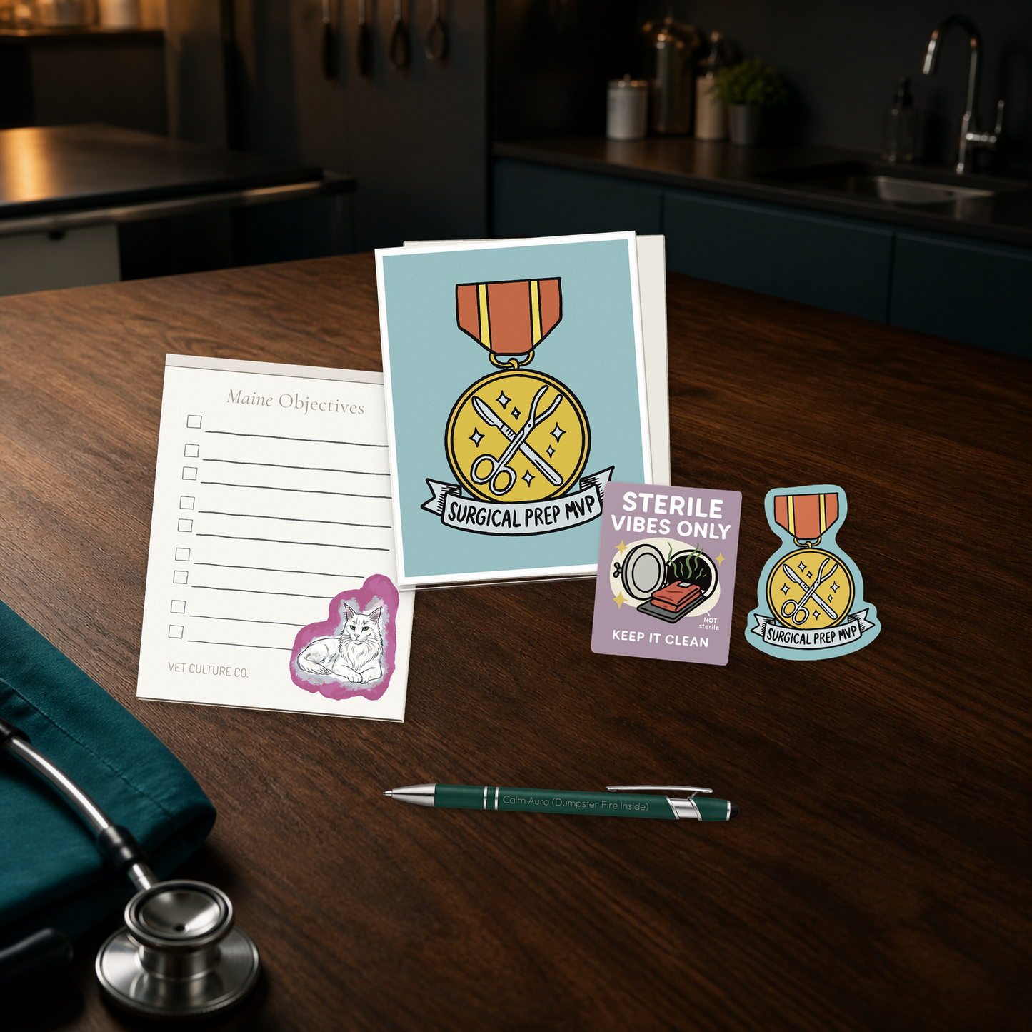 Surgery Suite Sanity Kit with a Surgical Prep MVP card, notepad, engraved pen, and two stickers, shown in a dark clinic scene for veterinary professionals