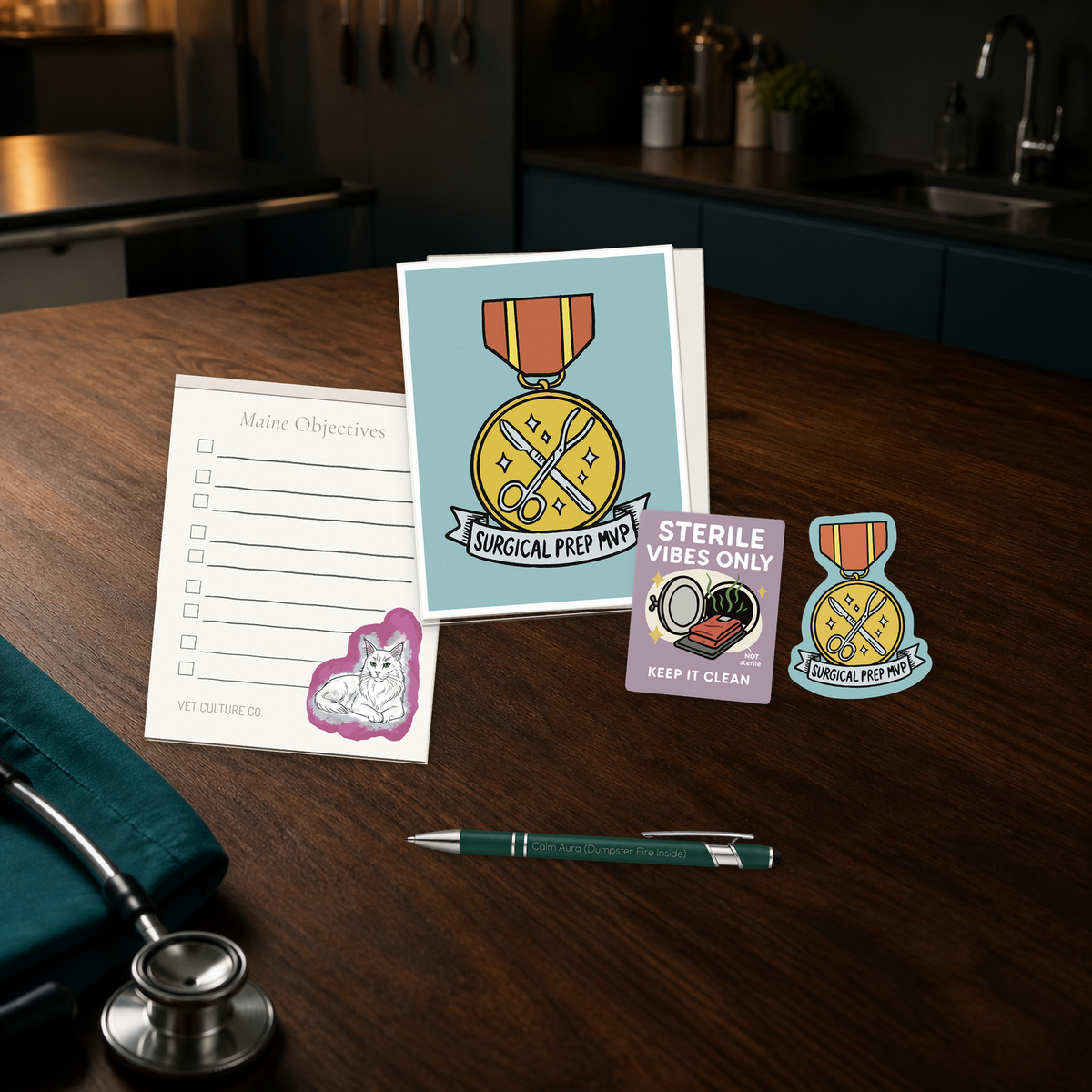 Surgery Suite Sanity Kit with a Surgical Prep MVP card, notepad, engraved pen, and two stickers, shown in a dark clinic scene for veterinary professionals