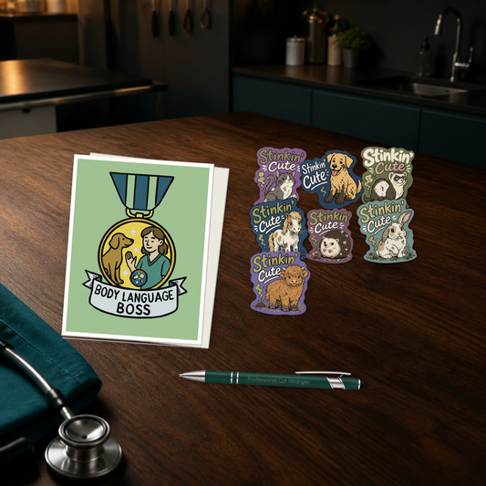Tiny Patient Fan Club with a Body Language Boss card, engraved pen, and seven animal stickers, shown in a dark clinic scene for veterinary professionals