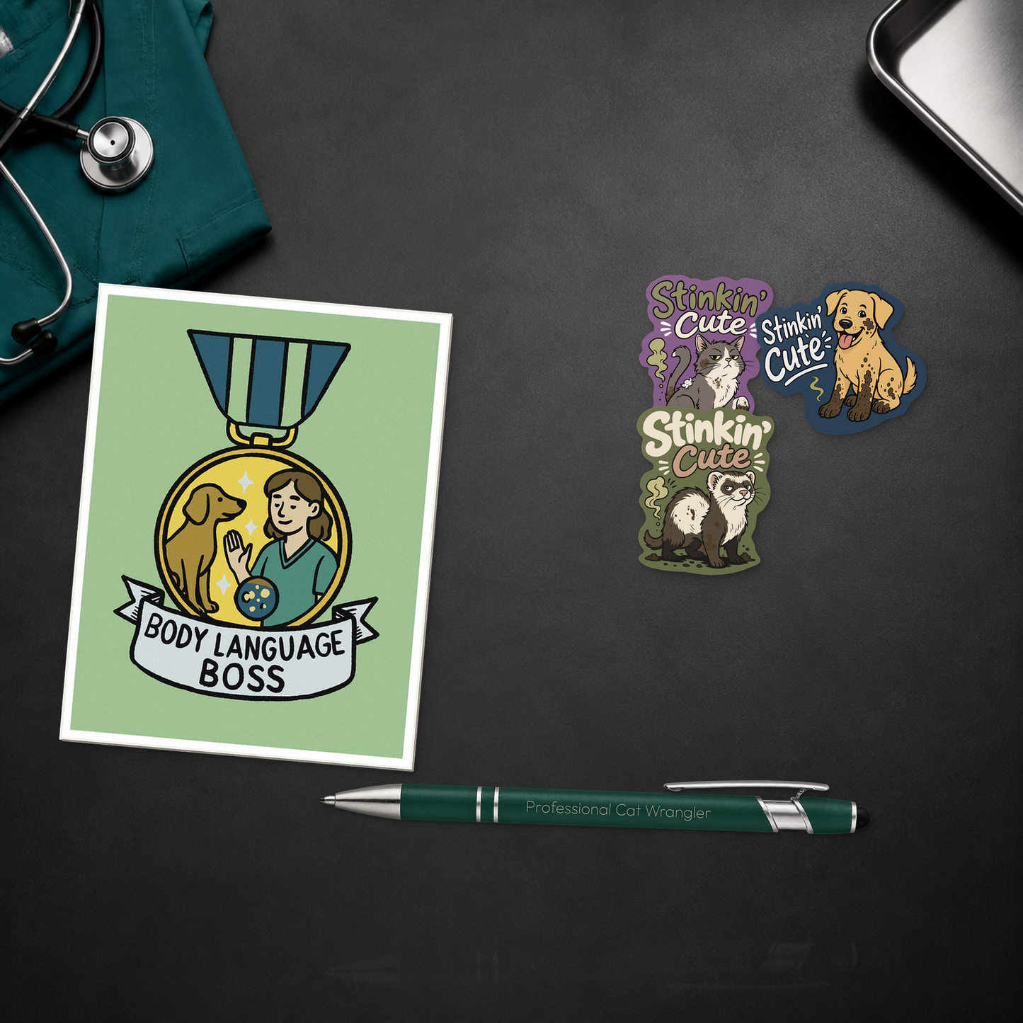 Tiny Patient Fan Club with a Body Language Boss card, engraved pen, and seven animal stickers, shown in a close material-detail scene for veterinary professionals