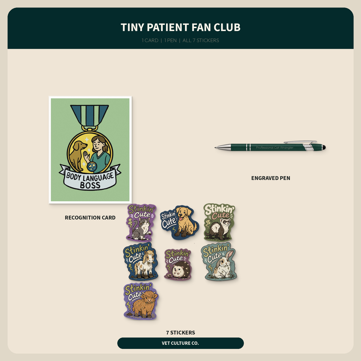 Tiny Patient Fan Club with a Body Language Boss card, engraved pen, and seven animal stickers, shown as a complete contents overview for veterinary teams