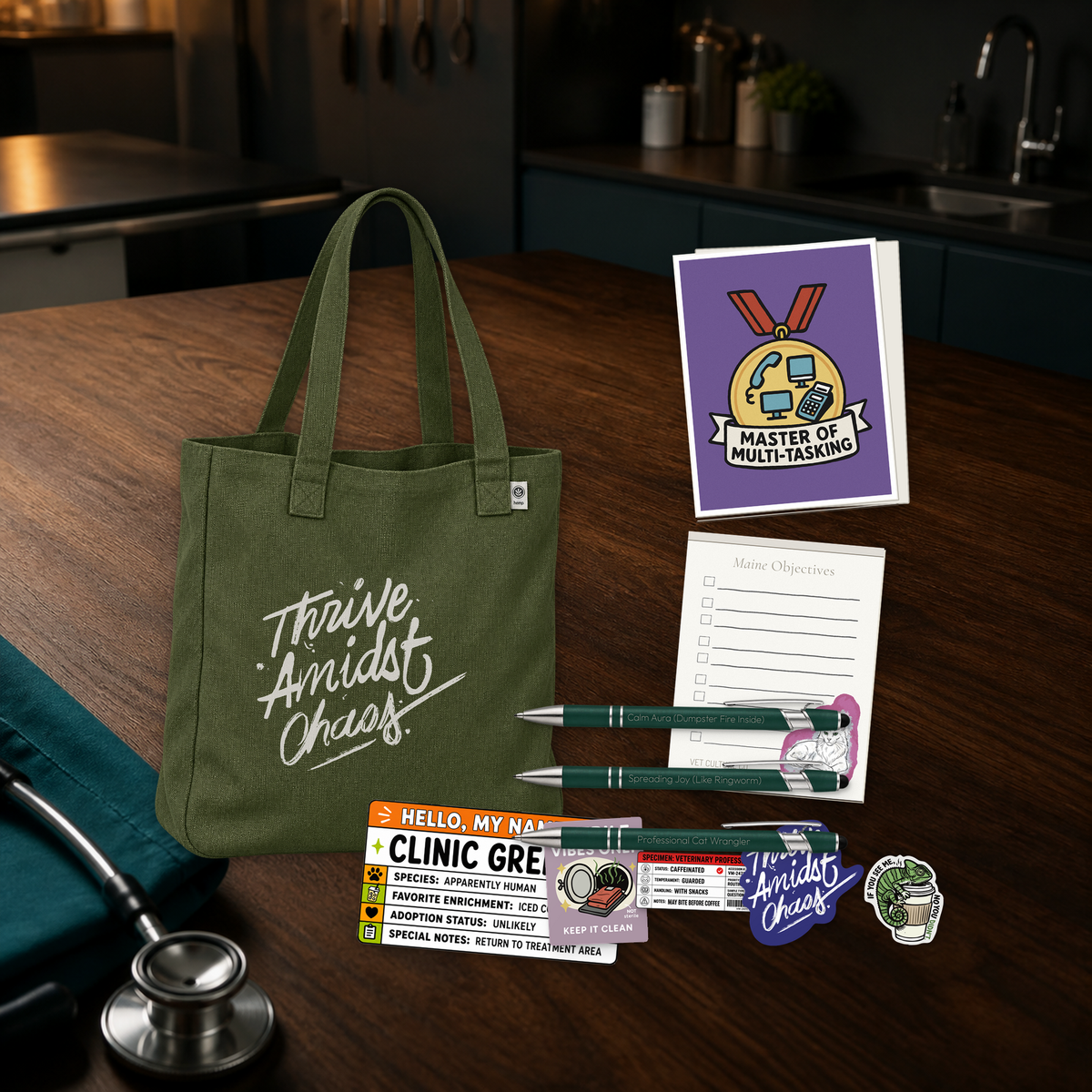 Thrive Amidst Chaos deluxe veterinary shift bundle with an olive tote, card, notepad, pens, and stickers, shown in a dark clinic scene for veterinary professionals