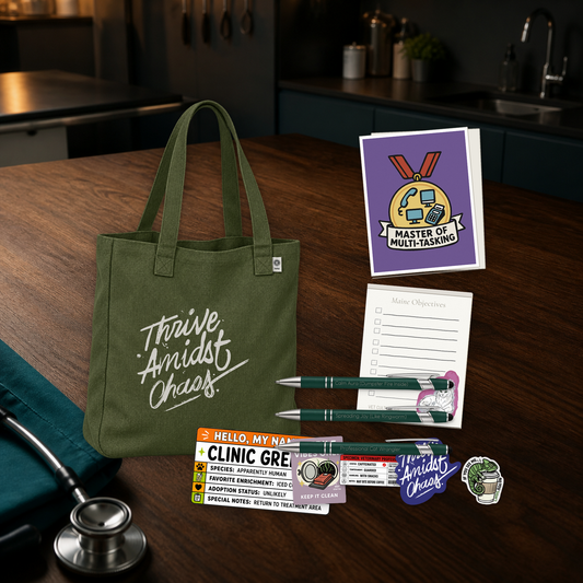 Thrive Amidst Chaos deluxe veterinary shift bundle with an olive tote, card, notepad, pens, and stickers, shown in a dark clinic scene for veterinary professionals