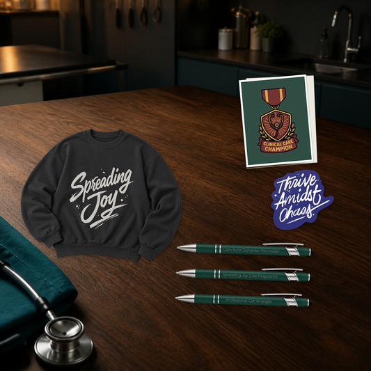 Spreading Joy Uniform Upgrade with a black cropped crewneck, Clinical Care Champion card, three engraved pens, and a Thrive Amidst Chaos sticker, shown in a dark clinic scene for veterinary professionals