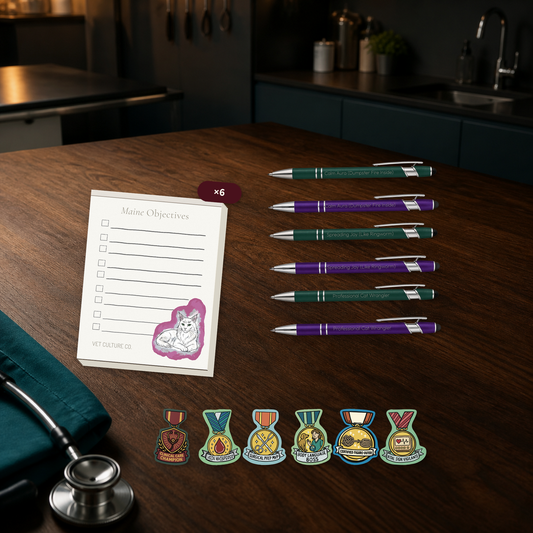 Desk Drop Six-Pack veterinary team bundle with six notepads, six engraved pens, and six award stickers, shown in a dark clinic scene for veterinary professionals
