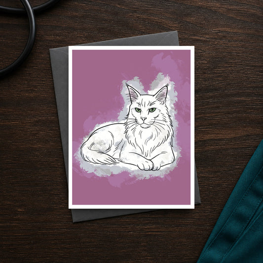 The Art of Catitude A2 veterinary notecard front on a dark clinic desk